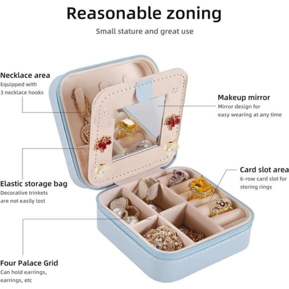 Travel Jewelry Case Small Jewelry Organizer Box with Mirror Gift for Women Girls - Picture 3 of 7